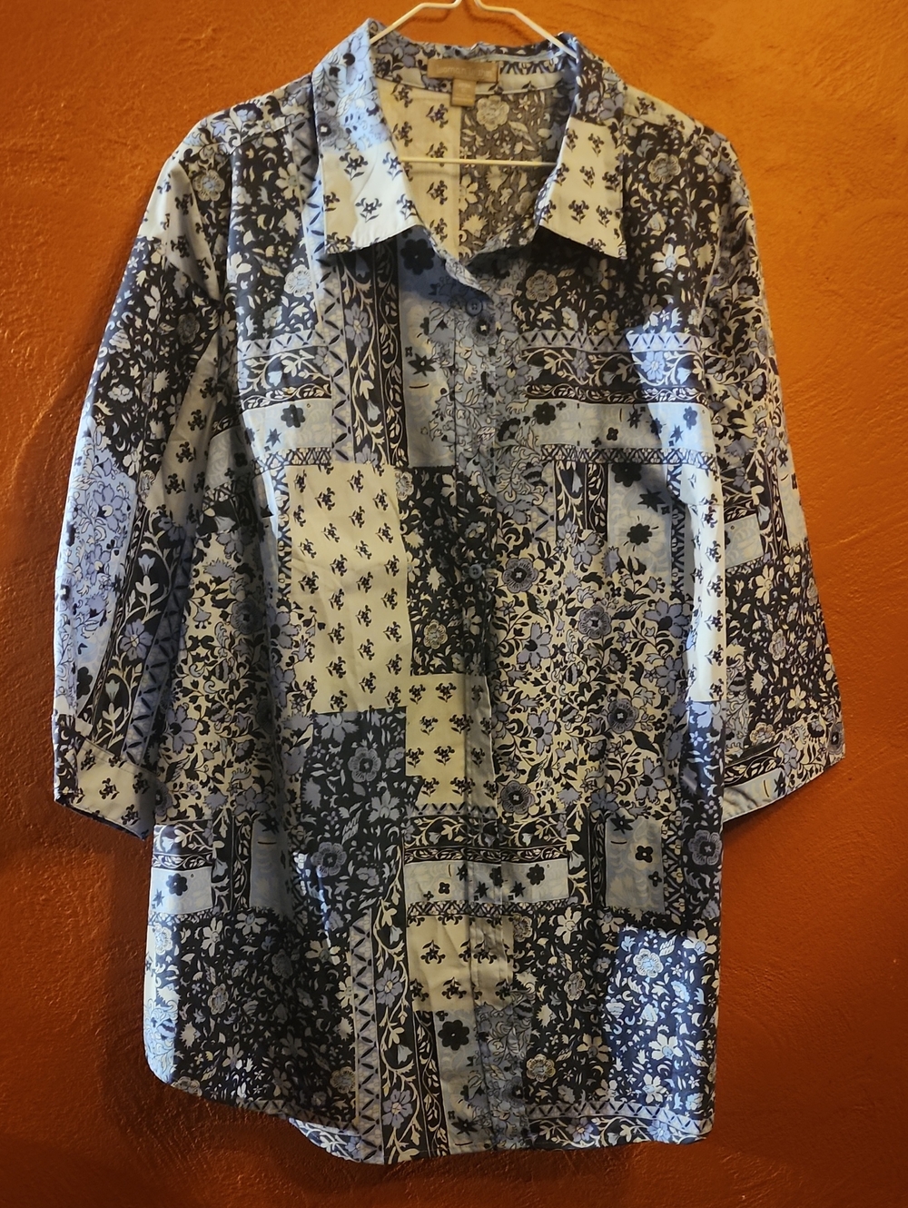 Woman Within Blue and White Patchwork Floral Button Down Shirt